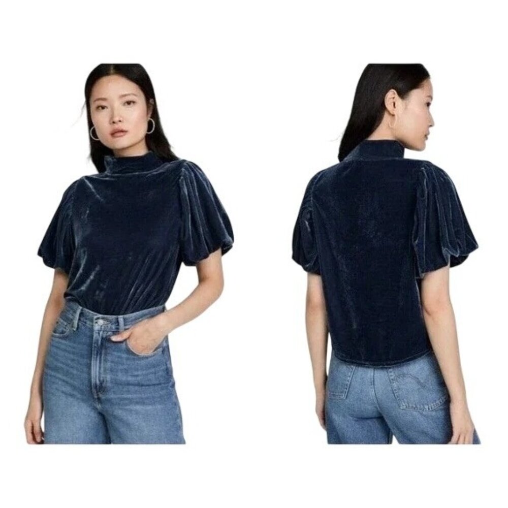 FREE PEOPLE BLUE Claudia Velvet Mock Neck Women's short sleeve bohemian Top  XL